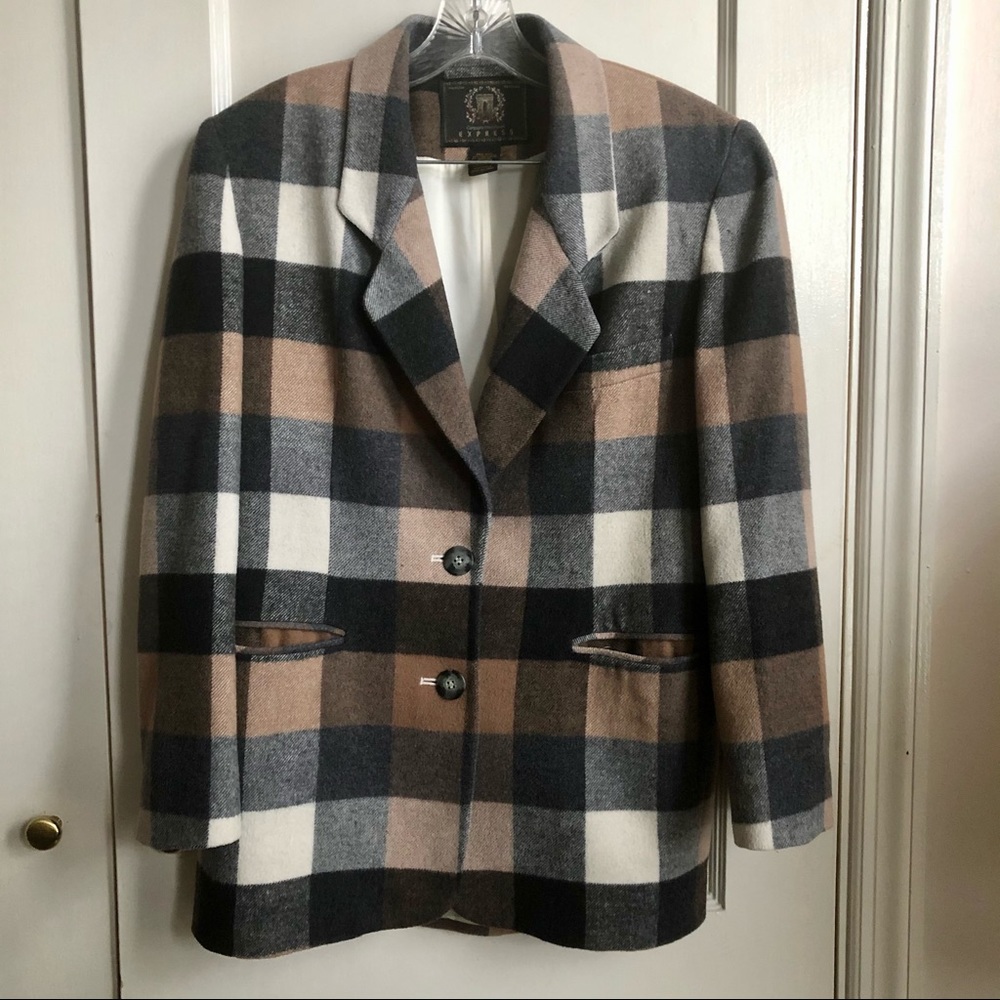 Vintage Express Neutral Colored Checkered Blazer